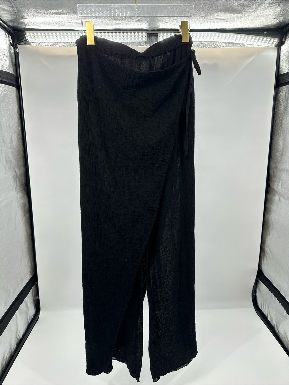 Women's Black Gauze Wide-Leg Front Wrap Pants